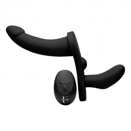 Черный вибрострапон Double Take 10X Double Penetration Vibrating Strap-on Harness - XR Brands - купить с доставкой в Хабаровске