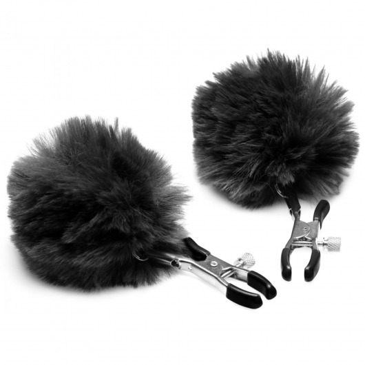 Зажимы для сосков с черным помпонами Pom Pom Nipple Clamps - XR Brands - купить с доставкой в Хабаровске