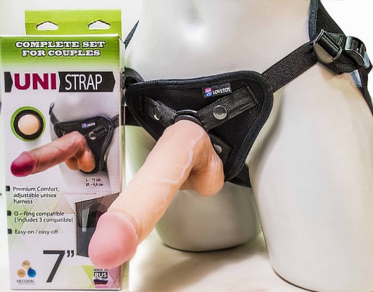 Страпон-унисекс с двумя насадками UNI strap 7  Harness - 19 и 16 см. - LOVETOY (А-Полимер) - купить с доставкой в Хабаровске