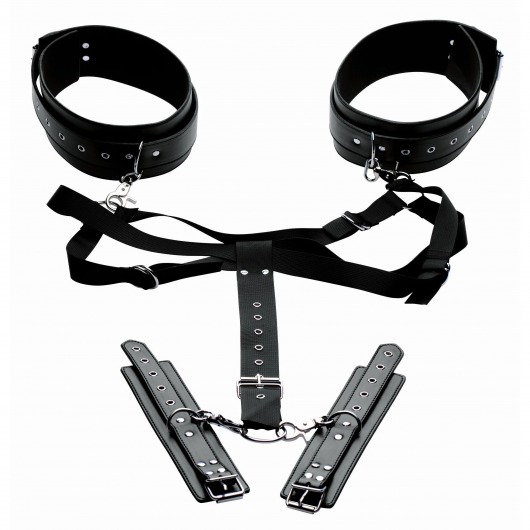 Черная бондажная система Acquire Easy Access Thigh Harness with Wrist Cuffs - XR Brands - купить с доставкой в Хабаровске