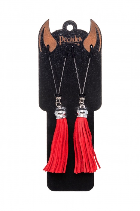 Зажимы на соски «Вилки» с красными кисточками из замши - Pecado - купить с доставкой в Хабаровске