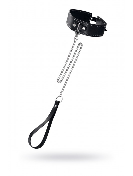 Кожаный двухслойный ошейник с белой строчкой и поводком - Pecado - купить с доставкой в Хабаровске