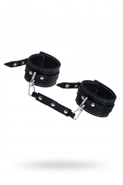 Черные двухслойные кожаные оковы с белой строчкой - Pecado - купить с доставкой в Хабаровске