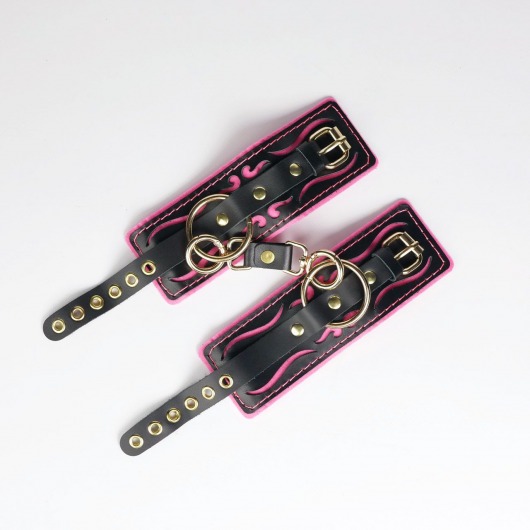 Черные кожаные наручники с розовой строчкой - Crazy Handmade - купить с доставкой в Хабаровске