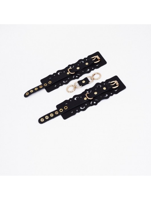 Черные кожаные наручники с узорами и золотистой фурнитурой - Crazy Handmade - купить с доставкой в Хабаровске