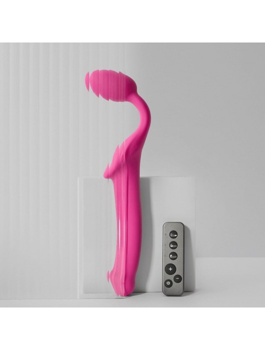 Ярко-розовый безремневой страпон Strap-on-me Vibrating Bendable Strap-On size L - Strap-on-me - купить с доставкой в Хабаровске