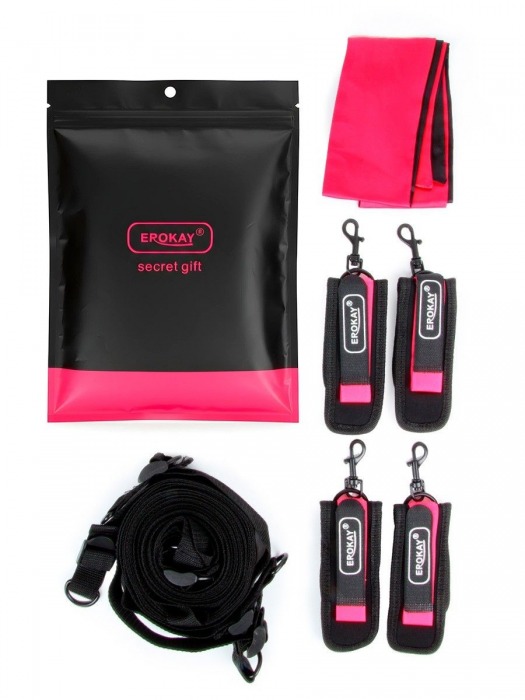 Черно-розовый эротический набор: фиксатор, оковы, наручники, повязка - Erokay - купить с доставкой в Хабаровске