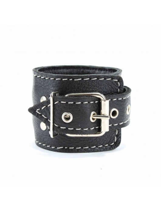 Чёрные кожаные наручники с крупной строчкой - БДСМ Арсенал - купить с доставкой в Хабаровске