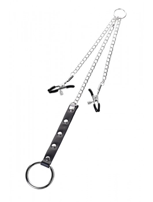 Серебристо-чёрные зажимы для сосков с кольцом для пениса TOYFA Metal - ToyFa - купить с доставкой в Хабаровске