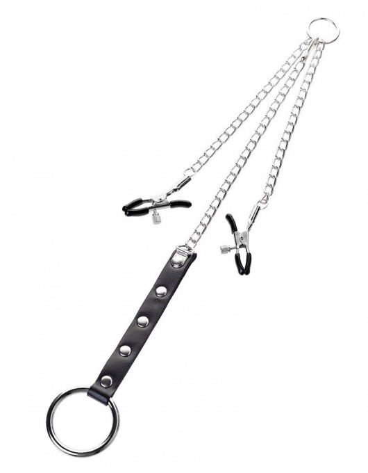 Серебристо-чёрные зажимы для сосков с кольцом для пениса TOYFA Metal - ToyFa - купить с доставкой в Хабаровске